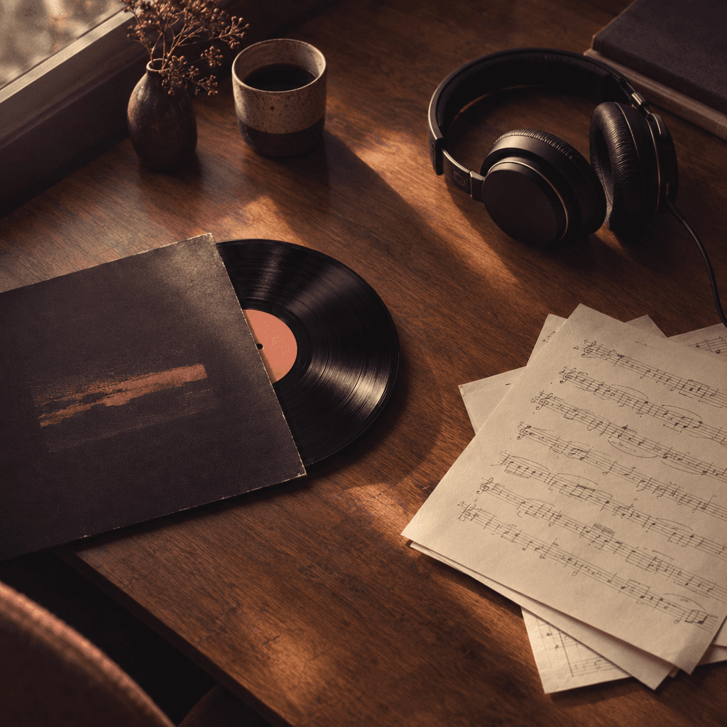 A vinyl record, headphones, and handwritten sheet music on a warmly lit desk